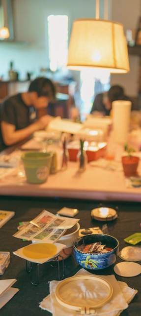 A workshop table during a skill share