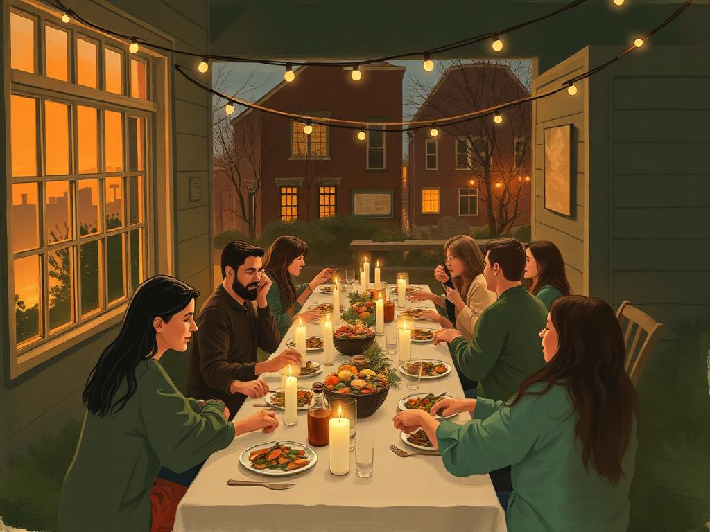 Evening community dinner at long tables