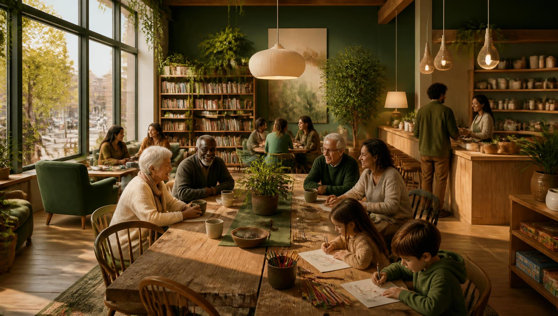 Concept rendering of the future Unplugged community hub: neighbors of all ages around a long wooden table in a sunlit storefront