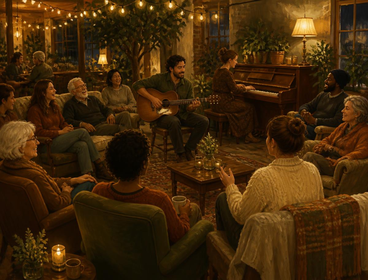 An acoustic music evening with neighbors gathered in armchairs