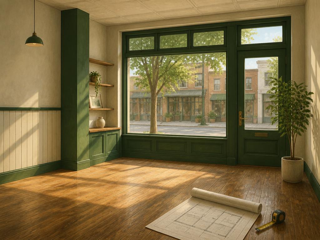 Illustration of an empty storefront interior with a floor plan on the wood floor