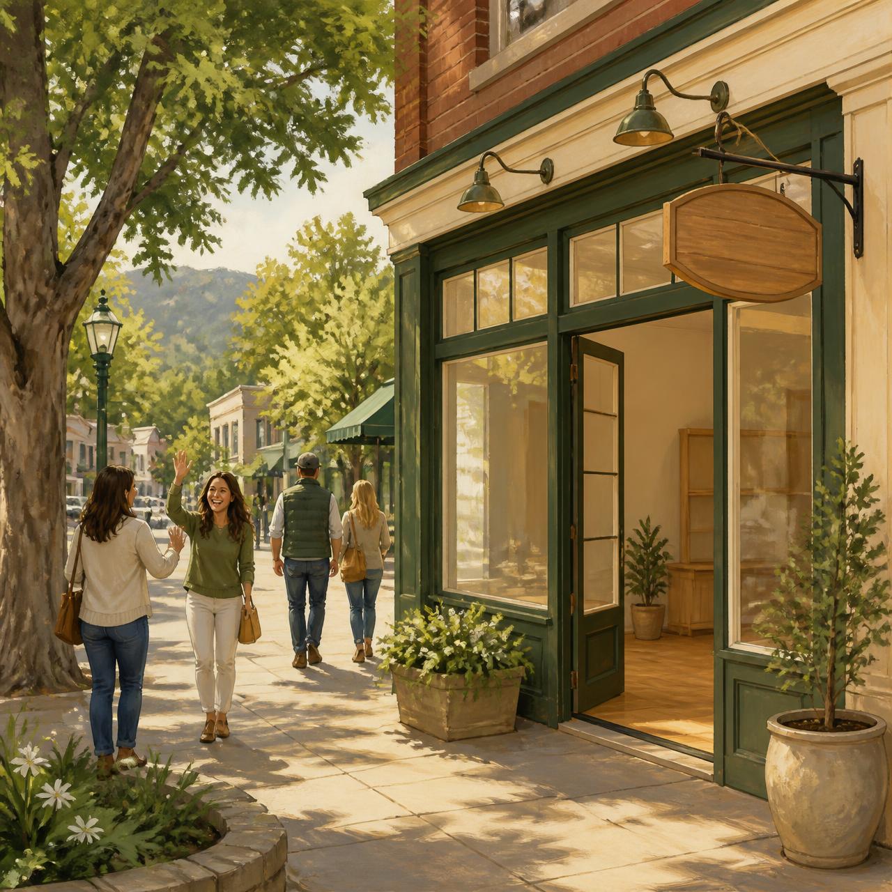 Illustration of a tree-lined downtown street with a welcoming empty storefront