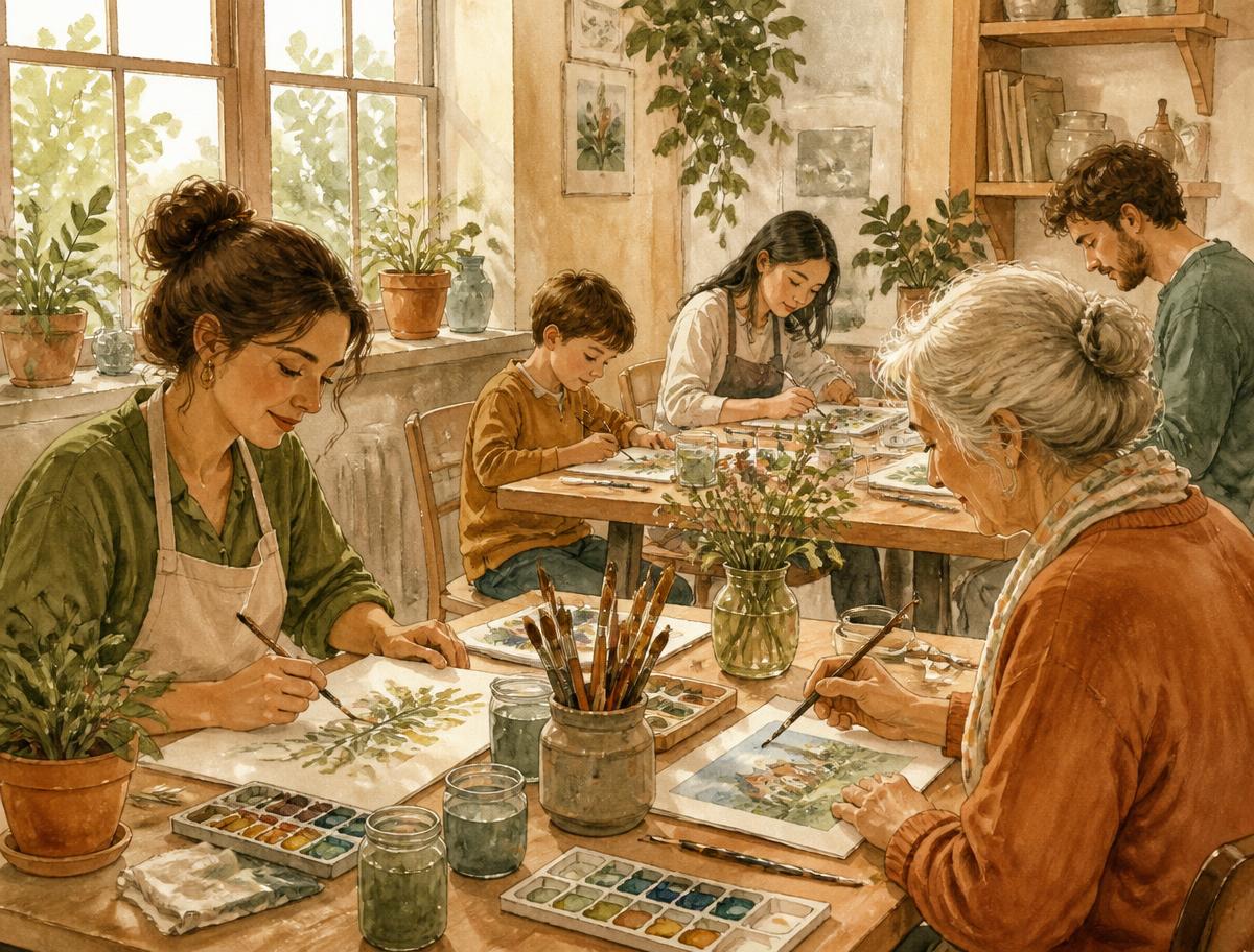 A quiet watercolor painting session at cozy tables